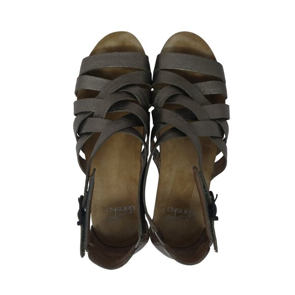 Dansko Viviam Pewter Silver Metallic Leather Open Toe Strappy Wedge Sandals - Picture 7 of 13